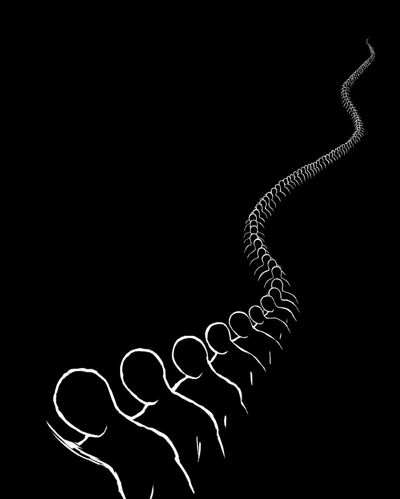 black page with white outlines of human figures all aligned to look like a spinal column