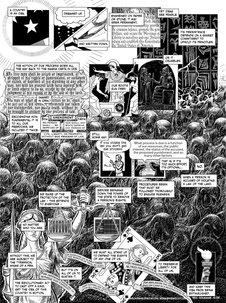  Alt-text: A comics page in black and white, addressing the concept that a country is an idea - and ours is built on among other things the concept of due process (which goes back to the Magna Carta). Images and text all snake across the page across a backdrop of humans imprisoned, and packed together, becoming a black mass in the lower right. I’ve written full description of the imagery with all the text on my site at the link (can’t put enough characters here…)
 Alt-text: A comics page in black and white, addressing the concept that a country is an idea - and ours is built on among other things the concept of due process (which goes back to the Magna Carta). Images and text all snake across the page across a backdrop of humans imprisoned, and packed together, becoming a black mass in the lower right. I’ve written full description of the imagery with all the text on my site at the link (can’t put enough characters here…)