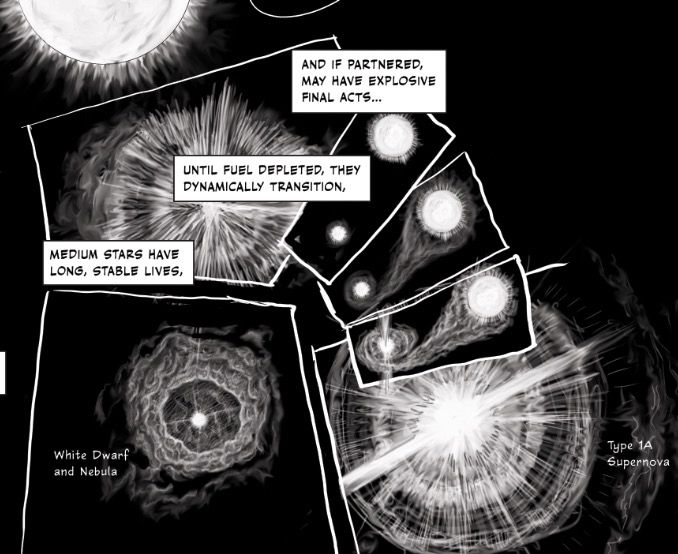 Tiny excerpt of comics page in progress - end of life for a dwarf star and its nebula state or supernova if it has a partner star 