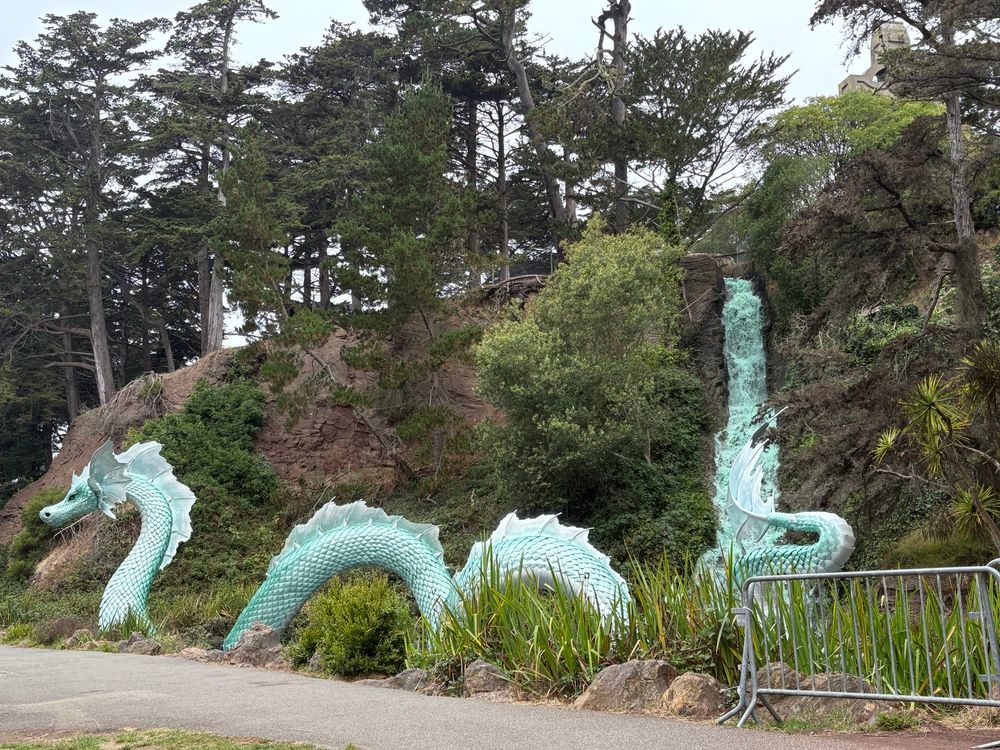 Photo of sea monster sculpture in Golden Gate Park from side 
