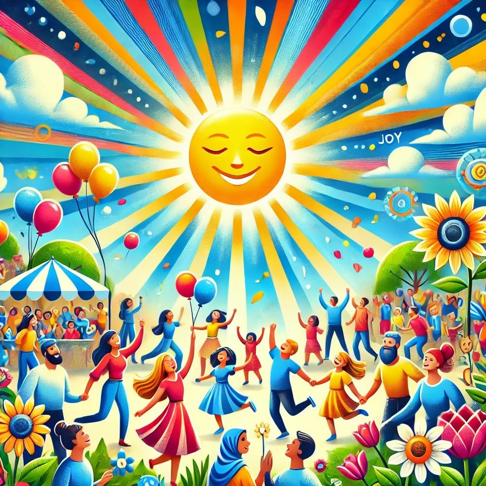 dessin d un soleil souriant au dessus d une foule festive et dansante