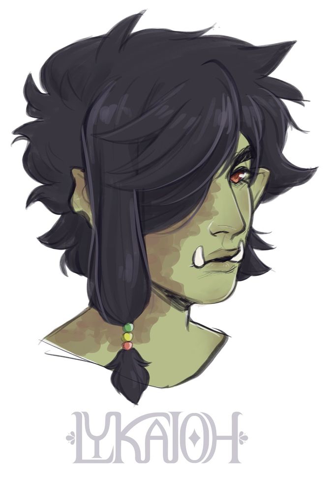 Bust illustration of an orc named Shaza, it’s a 1/3 angle. She has mostly short messy hair but the front left is long and tied off at the bottom with three beads. She has a large discoloured scar hidden under her hair spread down her neck.