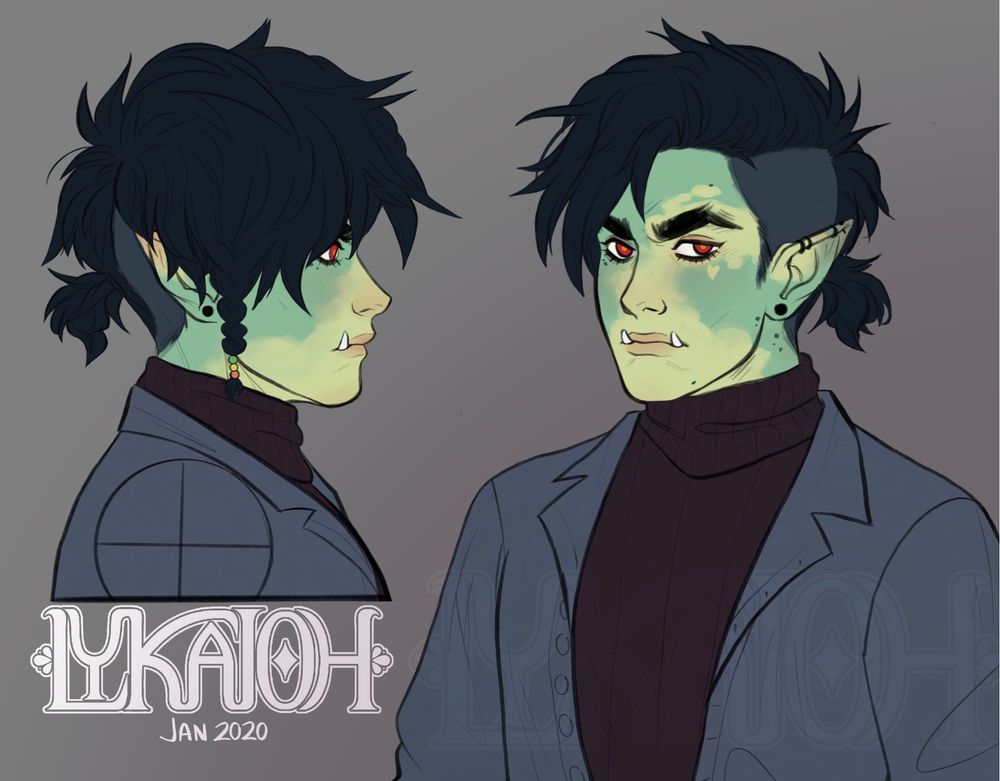 Two character busts to show off hair and face angles. Half orc with vitiligo, beauty marks and a heart shaped mark under his eye. He’s wearing a burgundy turtleneck under a work jumpsuit. Pointy ears with multiple piercings, and messy hair with shaved sides pulled into a small ponytail. The side of the hair that’s flipped is in a small braid with three beads finishing it. Under the first illustration is a large watermark that says LYKAIOH