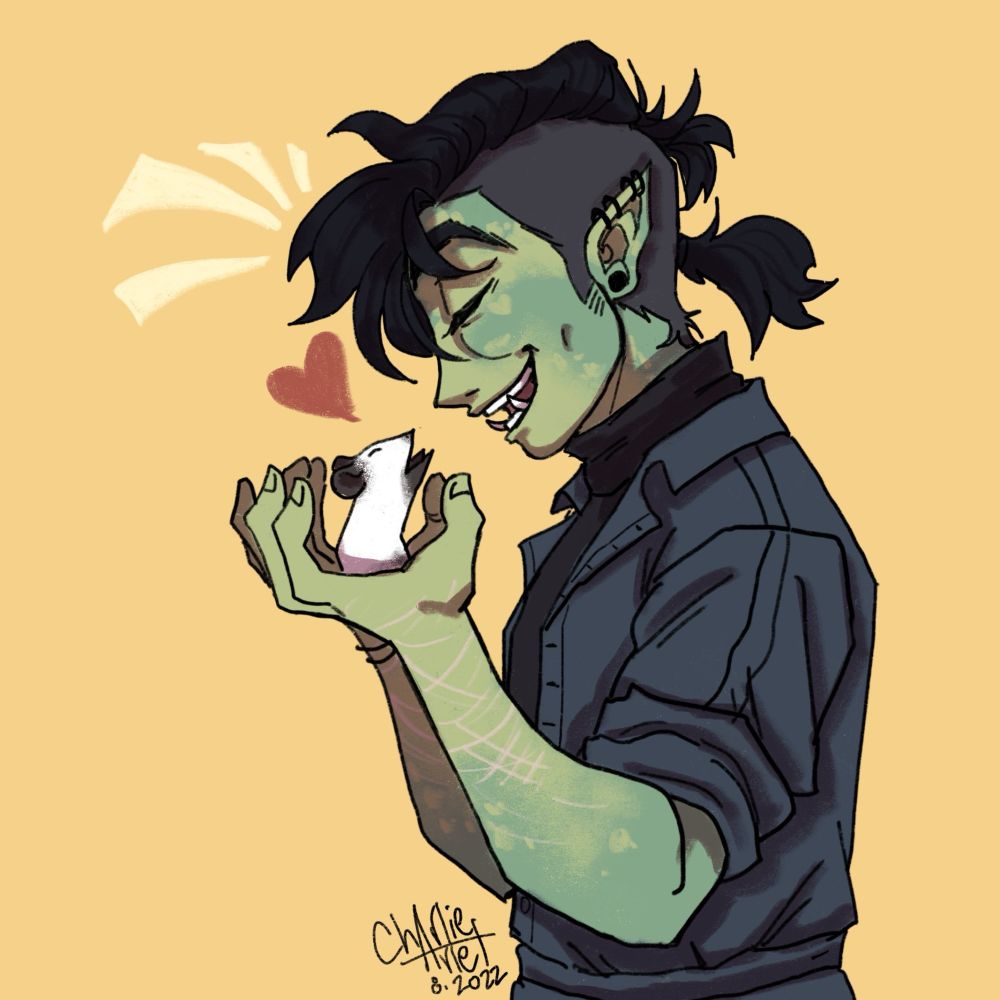 Half orc holding a little white mouse affectionately 
Drawn by @ charliearlet