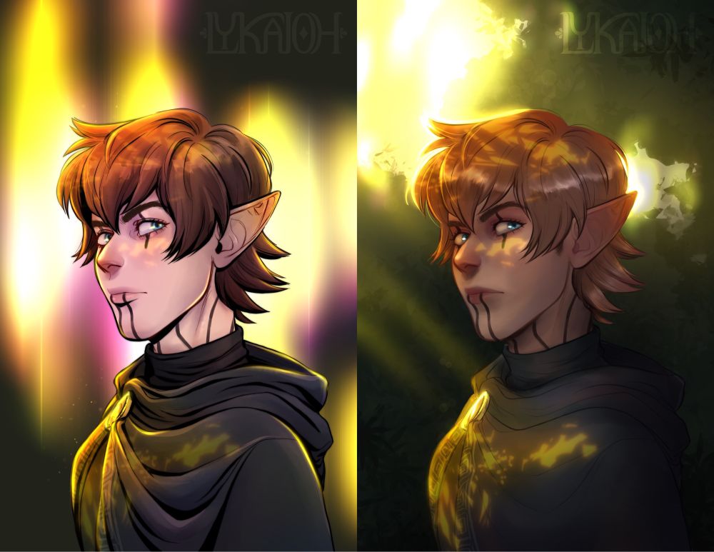Two side by side portraits of the same character with different rendering styles