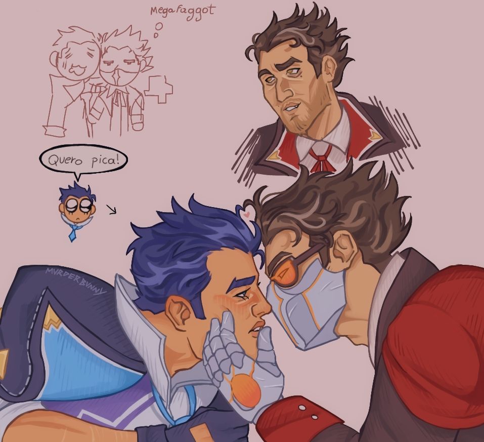 digital drawing of battle academia jayce and my design of battle academia viktor! viktor's design contrasts jayce's by being mainly red in tone, opposed to jayce's blue :) they are facing each other with viktor grabbing jayce's face. they each have a hair strand that form a heart together :3