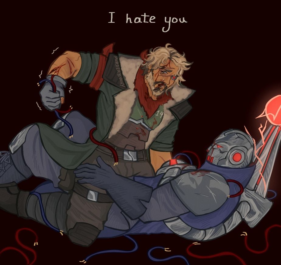 digital drawing of resistance jayce and creator viktor. jayce is bleeding (and crying) on top of viktor as he rips wires out of viktor. "I hate you" is written over them.