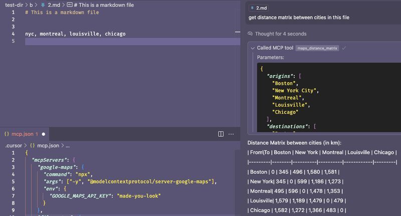 Screenshot of the Cursor IDE. On the left are two files on top and bottom. One is a markdown file with city names; below it is the mcp.json config file for connecting to the google maps example MCP server.On the right is an AI chat asking to calculate the distance matrix between the cities in the attached file. It shows that the MCP tool I added manually is being used.