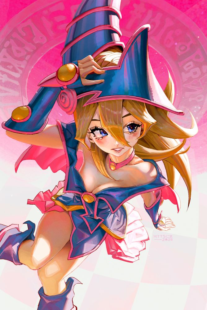 digital painting. character dark magician girl from the yu-gi-oh series. she's sitting on a white and pink checkered floor, with her right hand holding her helmet, as she looks to her left, slightly smiling.