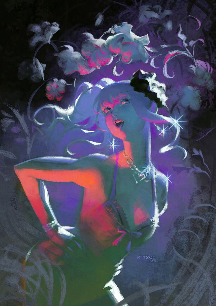 pintura digital. uma mulher, de frente para a câmera, posa inclinando o corpo para frente, com as mãos na cintura. seu cabelo esvoaça contra o vento. ela está de vestido de alcinhas, com joias que brilham contra a luz. a atmosfera do desenho é escura, com luzes azuis predominando o espaço e uma luz quente, laranja, vermelha e rosa contornando seu rosto por baixo. várias flores a rodeiam, também afetadas pelas luzes.
