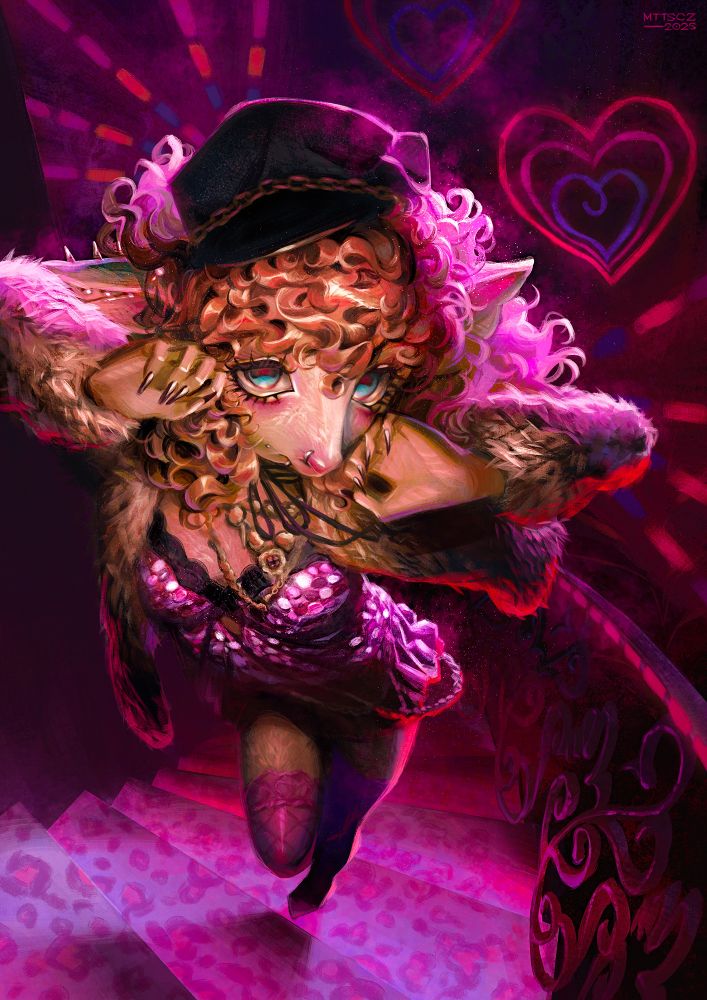 digital painting. a half-sheep girl (furry) wearing gyaru-style clothes, a cap, a pink sequin dress, a fur coat, chains and piercings climbs a dark nightclub's illuminated staircase, with neon lights in the background, in the shape of a heart.
