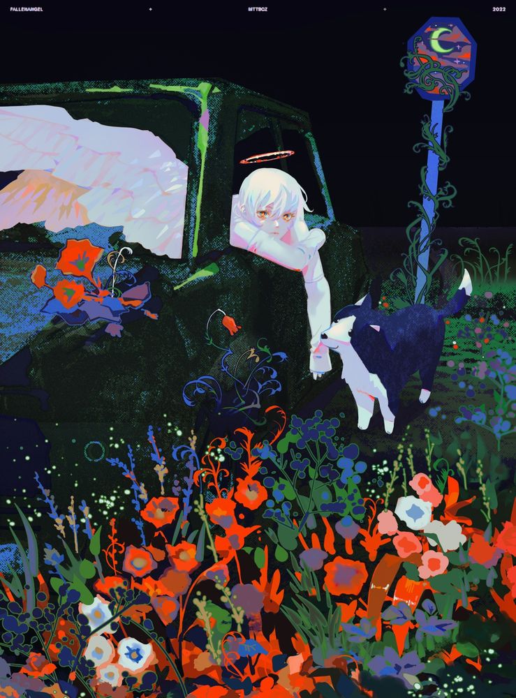 illustration of an all-white angel in anime style sitting inside of a wrecked car at night. nature grows from it, displaying various shades of red, green and blue from plants and flowers. the angel looks at the camera and a puppy dog approaches them. a transit sign, covered in vines, is behind the car, with the symbol of a crescent moon on it