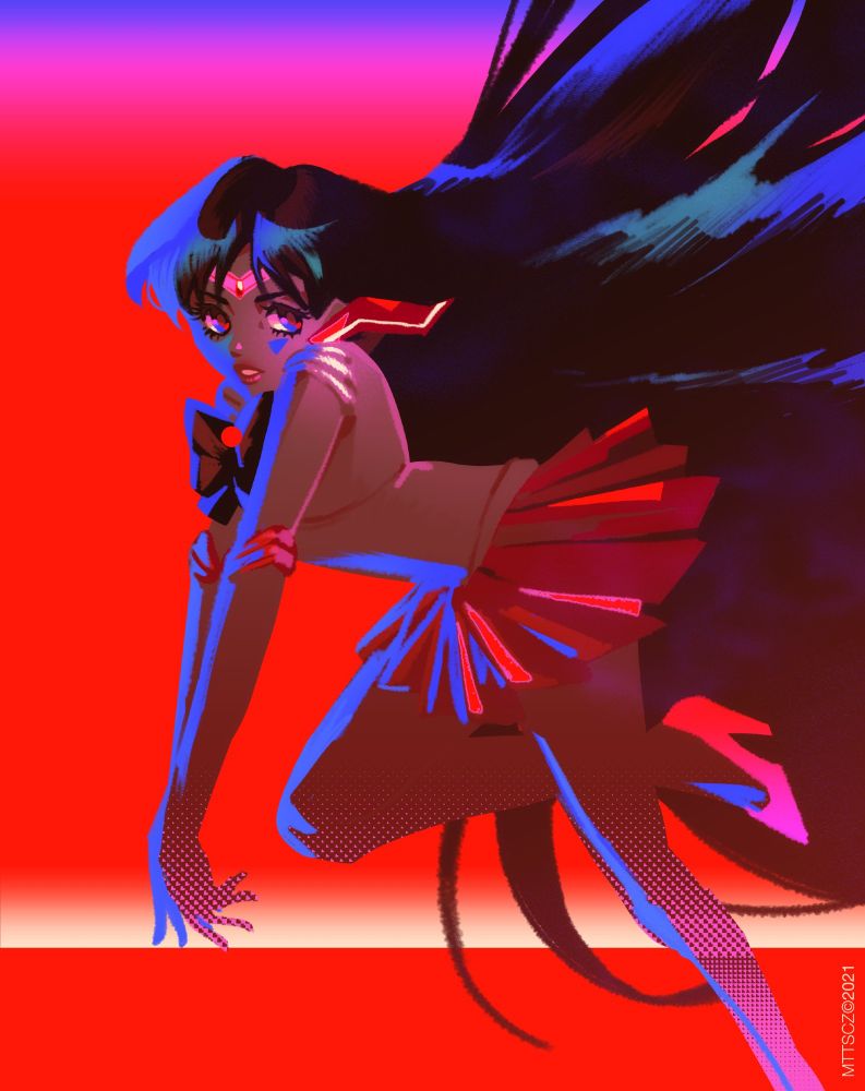 illustration of sailor mars, from sailor moon. she's posing with her body leaning front, and her long black hair whooshing behind her. a bright blue light contours her, and a bright red background contrasts with her.