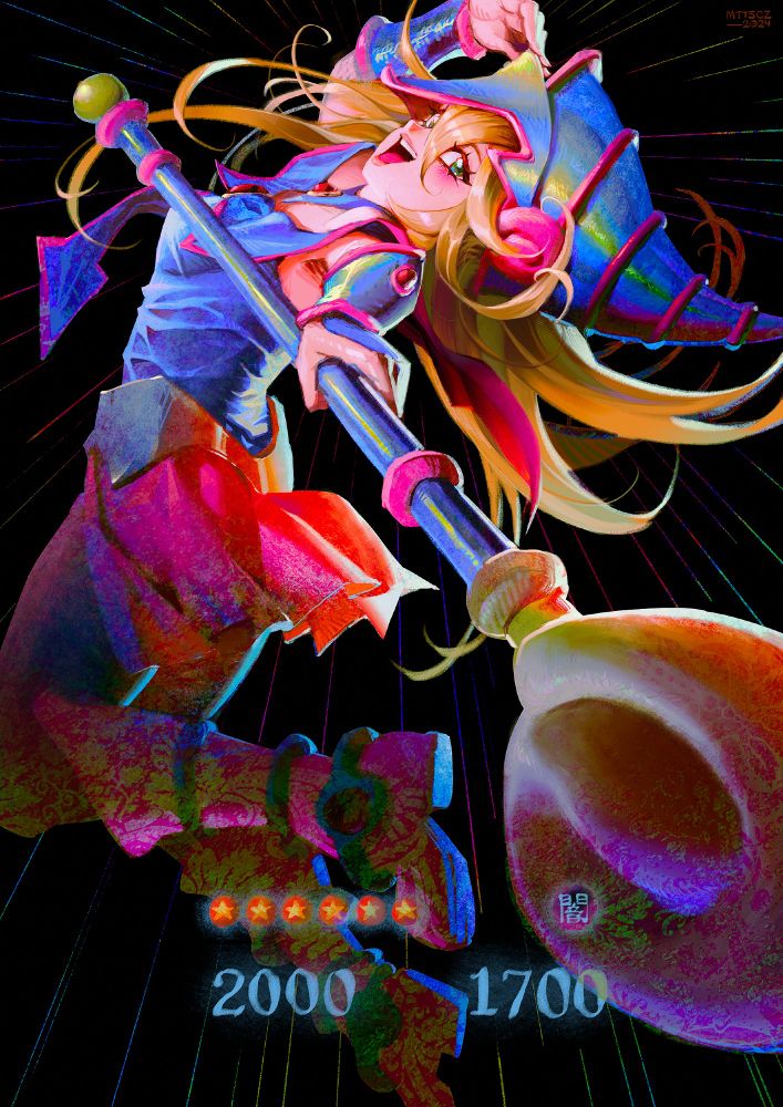 fanart da personagem dark magician girl, do jogo yu-gi-oh. ela está no ar, saltando, apontando seu cajado para a câmera. está sorrindo e segurando seu capacete. os status da carta estão redesenhados na frente do desenho.