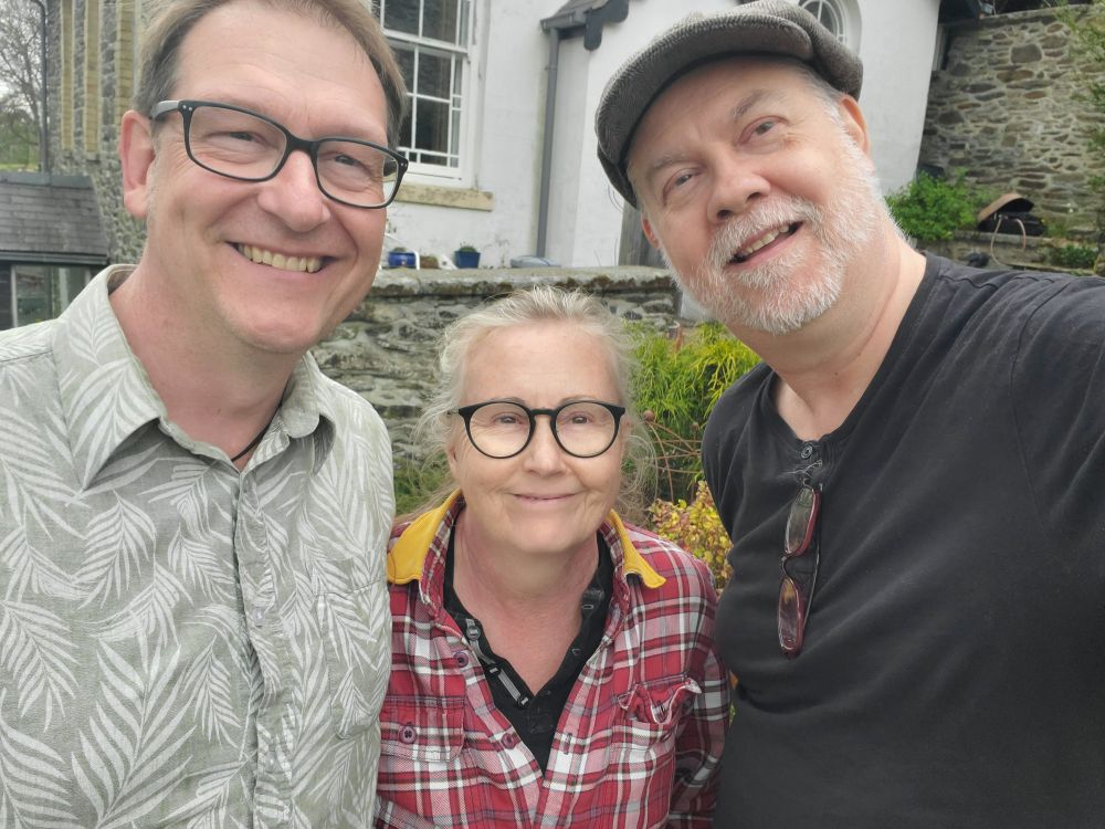 From left to right: artist John Swogger, middle is Freyja Swogger, and on the right is the temporarily bearded one, Tony Eccles who runs the Dragon Slayers community project.