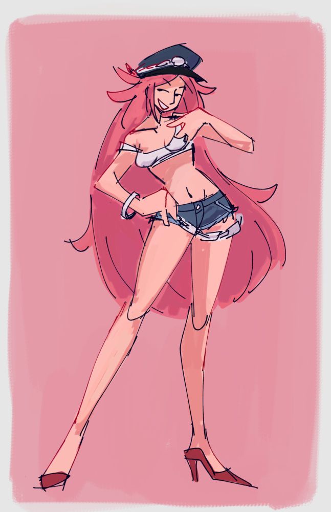 Poison from Final Fight and Street Fighter 4 in her usual outfit, a tiny white top and cutoff jean shorts 