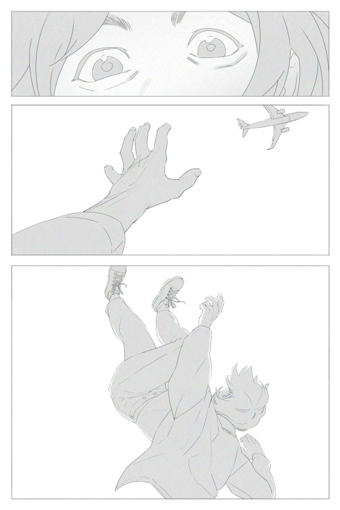 Comic page of Hana (2/3); she opens her eyes and looks up at the underside of the plane. Her hand reaches out but grasps nothing– she's falling!