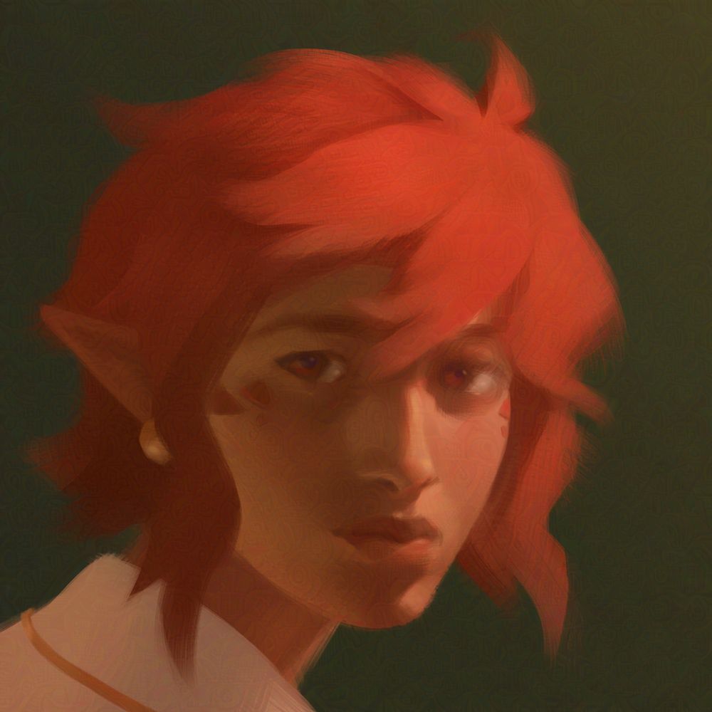 Headshot portrait of Kiran, @ripleybeagle's original character, in a warm lighting with a dark olive green background.