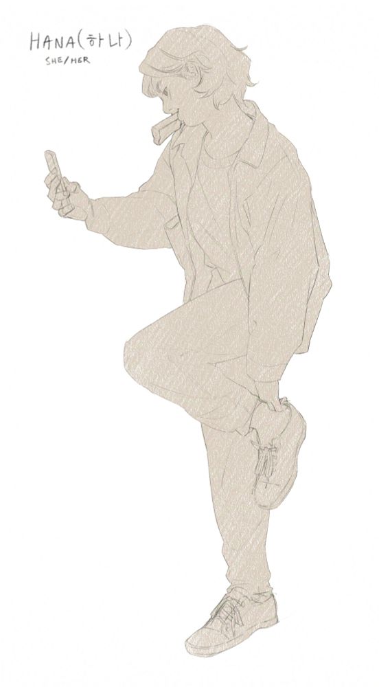 A sketch of Hana, a Korean-American young adult, where she has a piece of toast in her mouth and is slipping a shoe on while checking her phone. She has short, messy hair, soft features, and wears loose fitting jeans and an oversized jacket.