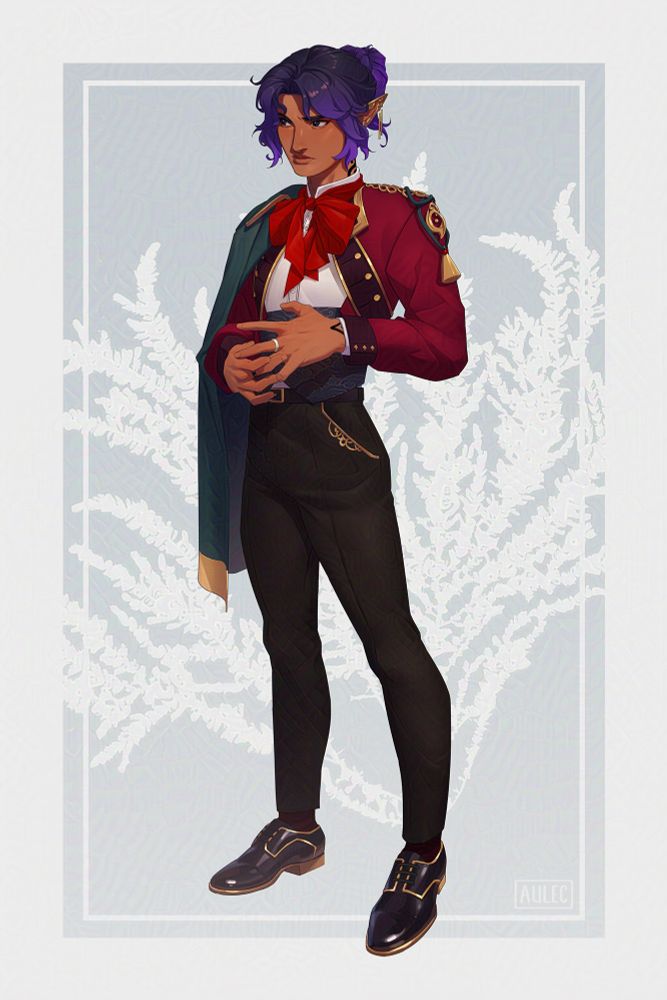 An illustration of a purple haired half-elf, Indra, who stands in their formal attire, overlayed atop a grey background with the texture of ferns. Their expression is pensive, and on their hands are two rings: black on their right third finger, and white on their left. This image has a Glaze and Nightshade anti-AI filter texture.