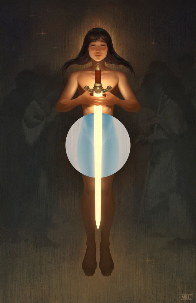 An androgynous figure with dark hair holds a glowing sword between their fingers, obscuring potential gendered signifiers. There is an inverted circle by their midsection. A crowd argues behind them, in the darkness.