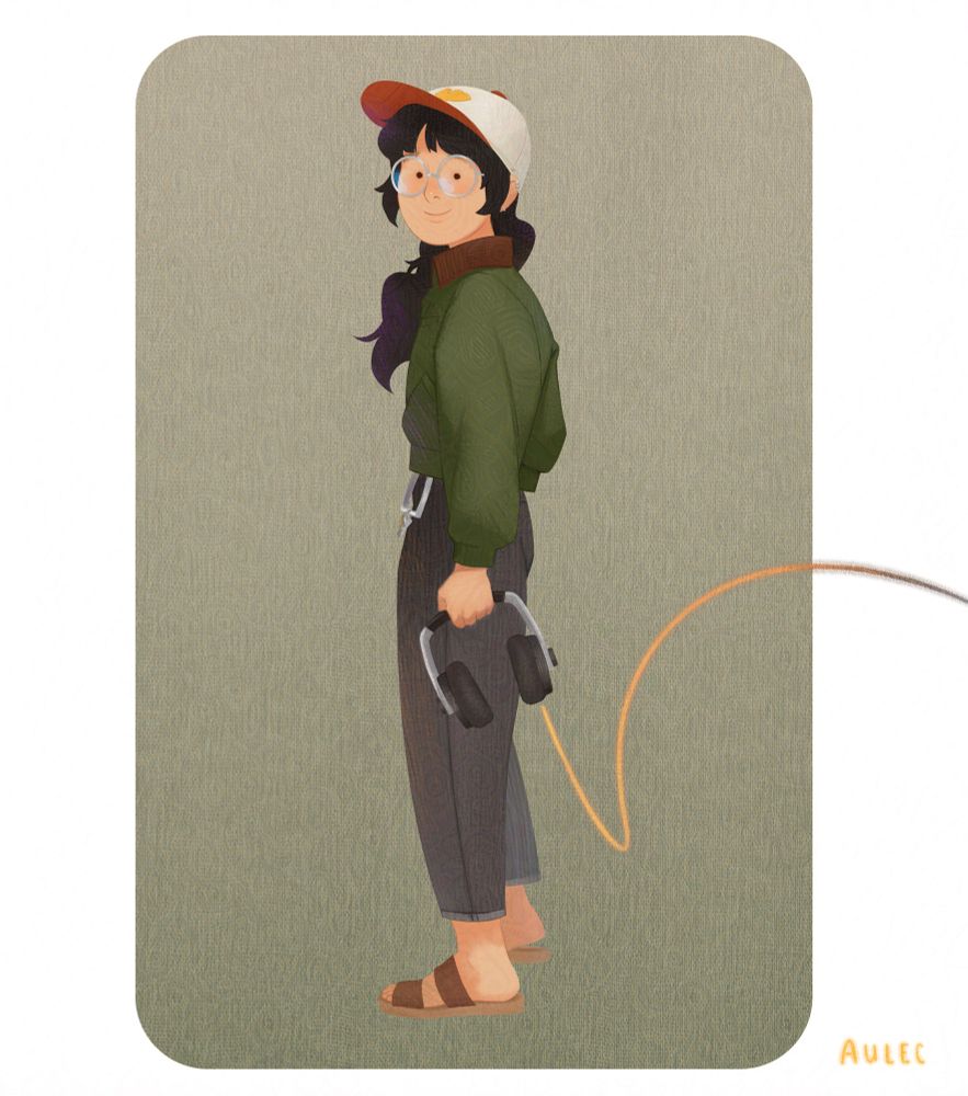 An illustration of an asian androgynous person holding headphones. They are wearing a white hat, green jacket, and dark grey pants.