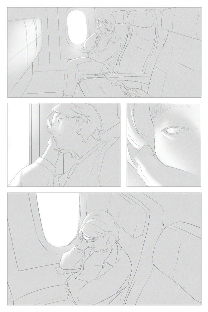 Comic page of Hana (1/3); she is sitting by the window on an empty airplane, looking out. She starts to get sleepy and eventually closes her eyes.