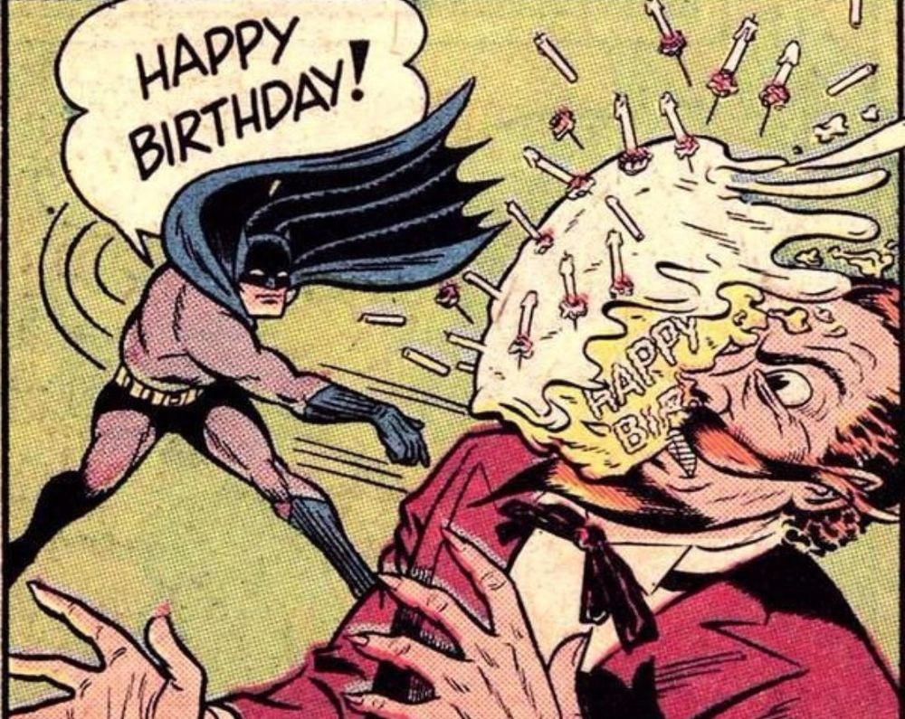 Batman tårtar skurk, säger HAPPY BIRTHDAY. Serieruta från 60-talet