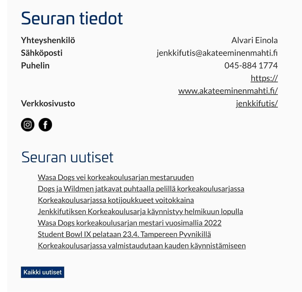 Contact info for Tempere's football team in Finnish