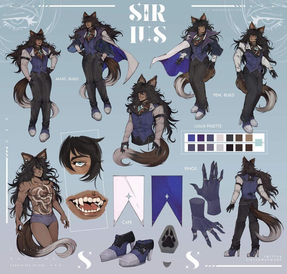 2025 Reference Sheet! Includes color palette, a slight feminine build, bodily closeups, and outfits/accessories!  