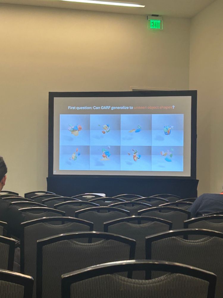 A slide stating “First question: Can GARF generalize to unseen object shapes” showing colored fragments combining together. 