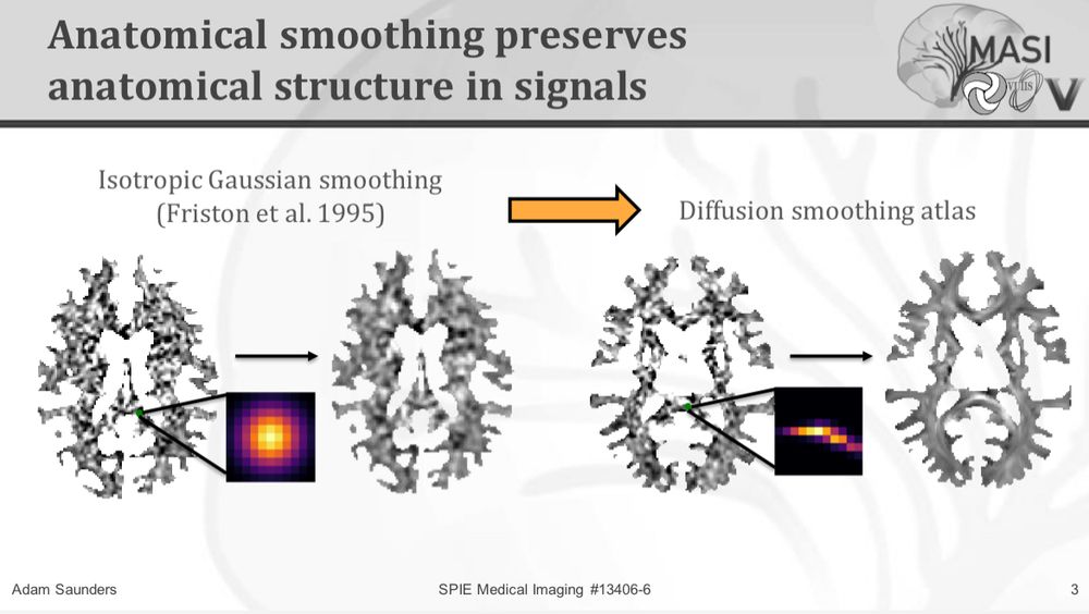 A slide says “Anatomic smoothing preserves anatomical structure in signals” and shows isotopic Gaussian smoothing compared to diffusion smoothing. 