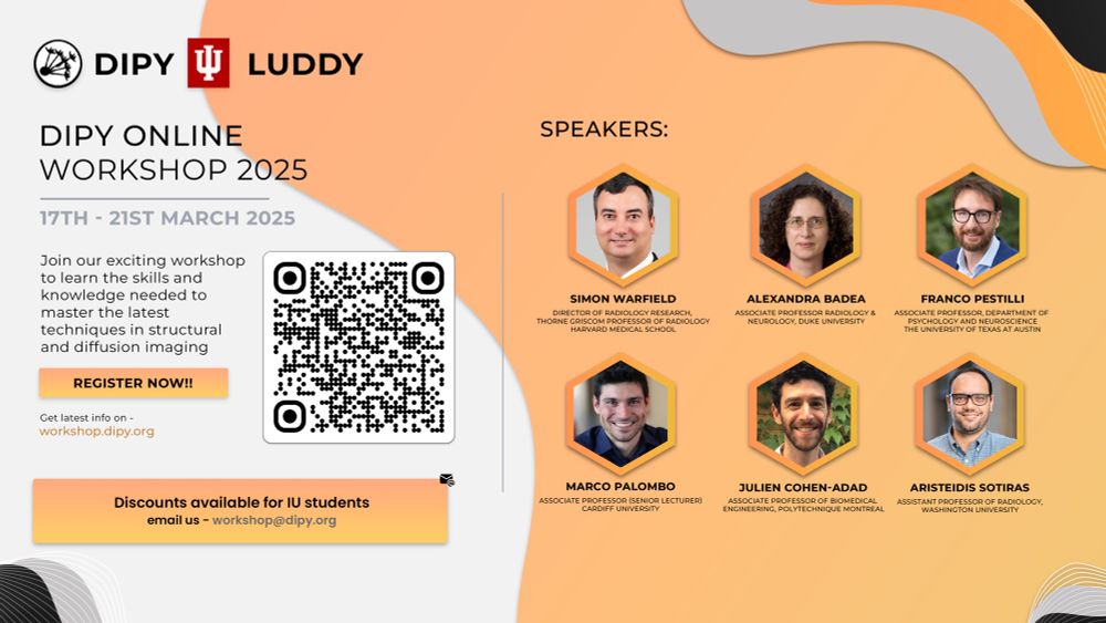 DIPY Online Workshop 2025 poster, highlighting 6 keynote speakers and a QR code for registration