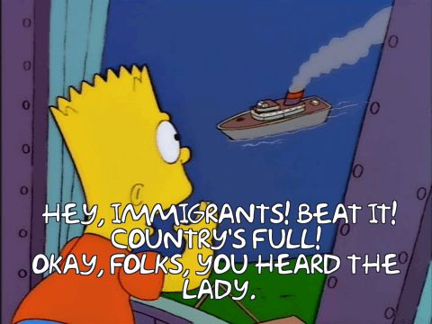 Bart Simpson (voiced by female actor Nancy Cartwright) yells from the Statue of Liberty convincing a ship carrying immigrants the Statue is talking.