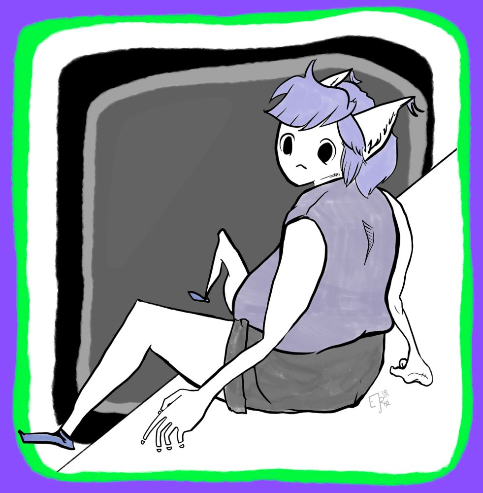 cat person sitting on a curb with a purple/green/black & grey background