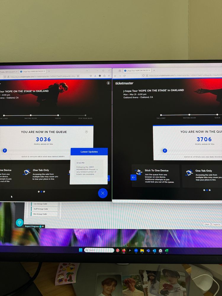 ticketmaster queue screens for days one and two of jhope's oakland concert, both are in the the three thousands place in line to buy
