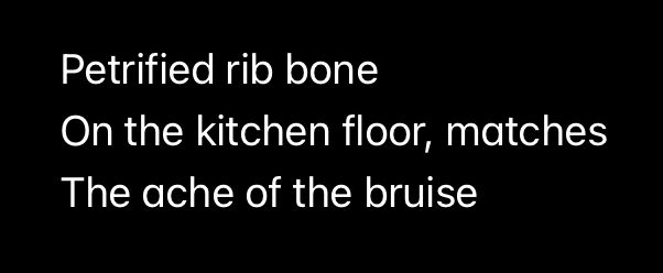 Petrified rib bone
On the kitchen floor, matches 
The ache of the bruise