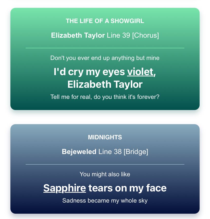 THE LIFE OF A SHOWGIRL
Elizabeth Taylor Line 39 [Chorus]
Don't you ever end up anything but mine
I'd cry my eyes violet,
Elizabeth Taylor
Tell me for real, do you think it's forever?
MIDNIGHTS
Bejeweled Line 38 [Bridge]
You might also like
Sapphire tears on my face
Sadness became my whole sky