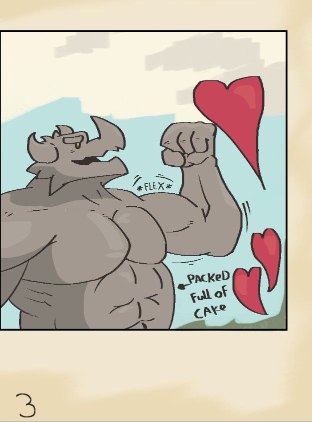 Comic of a buff grey dino Garb flexing. His abs are bulging due to the amount of cake inside him. Those to the right swoon.
