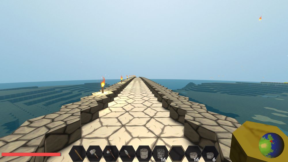 A screenshot from the PlanetSmith Playtest. A big bridge stretches into the distance, build by community member Colorful.