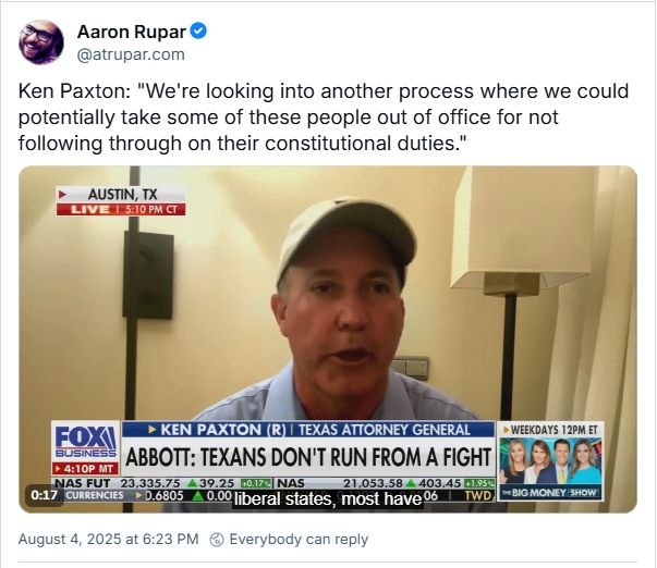 Fox "News" has Ken Paxton on. Ken Paxton: "We're looking into another process where we could potentially take some of these people out of office for not following through on their constitutional duties."