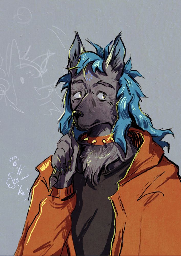 wolf/coyote-like furry with light blue hair, in black t-shirt and red-orange coat, and tablet pen 
OC of Morrch!