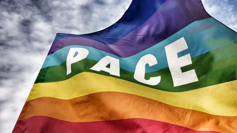 Eine wehende Regenbogenfahne mit der Aufschrift »PACE« von unten fotografiert, sodass im Hintergrund der Himmel mit Wolken zu sehen ist.