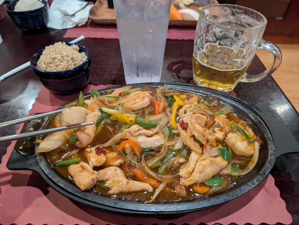 Thai triple delight [shrimp, scallops, chicken, veggies, a spicy sauce]. Brown rice. A Wicked Weed Pernicious IPA.