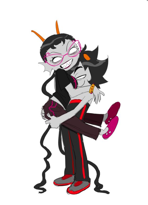 kankri vantas holding Meenah Piexes up by the back of her legs while his face sits against her chest. He is looking smug.