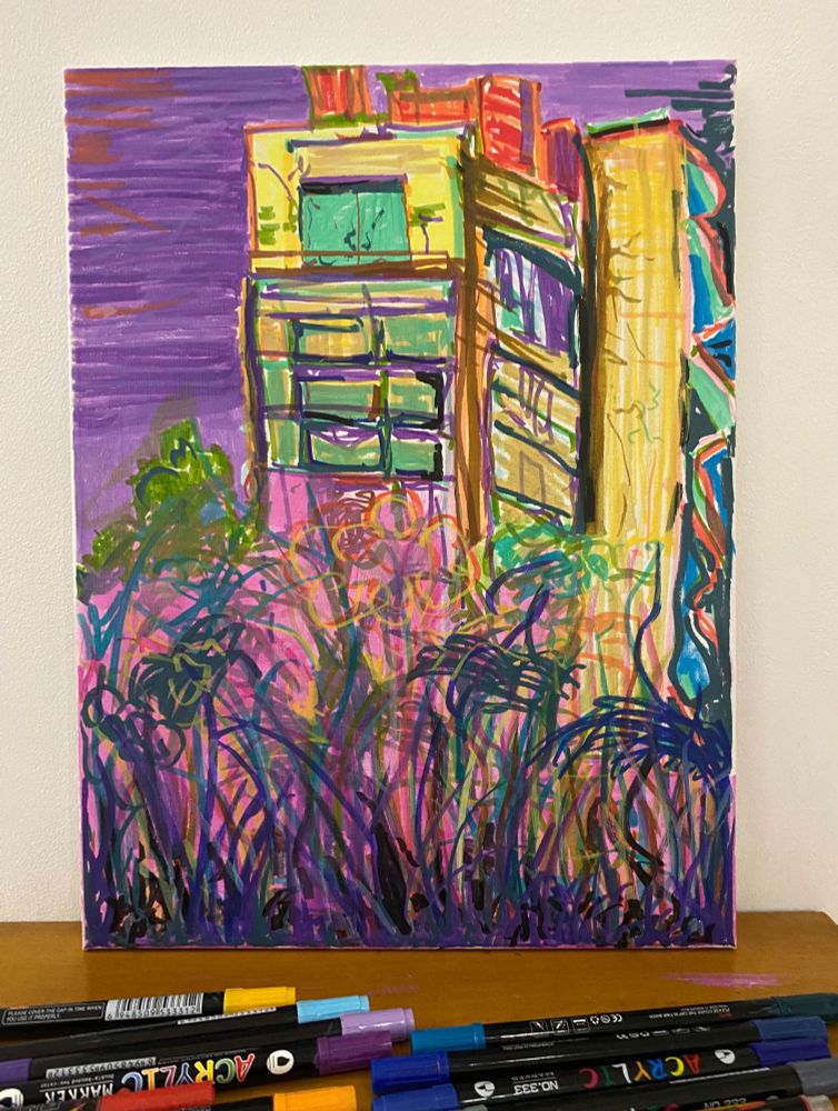 Purple and yellow abstract painting of an apartment block in nantes 