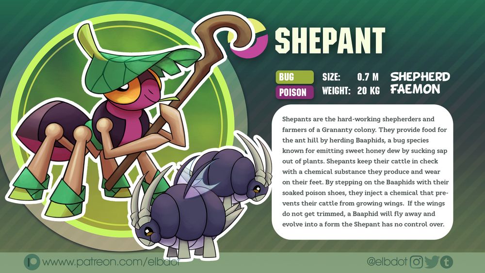 Faemon Dex Entry of Shepant - Faemon started as a personal character design exercise of designing fake Pokemon. It is now its own project under the name #Faemon (Fae/Fairy-Monsters) with its own world, lore and story in the works. The majority of Faemon and their abilities are inspired by real-life counterparts that I intend to highlight with each design, to educate people in a fun way and spark fascination for our natural flora and fauna.