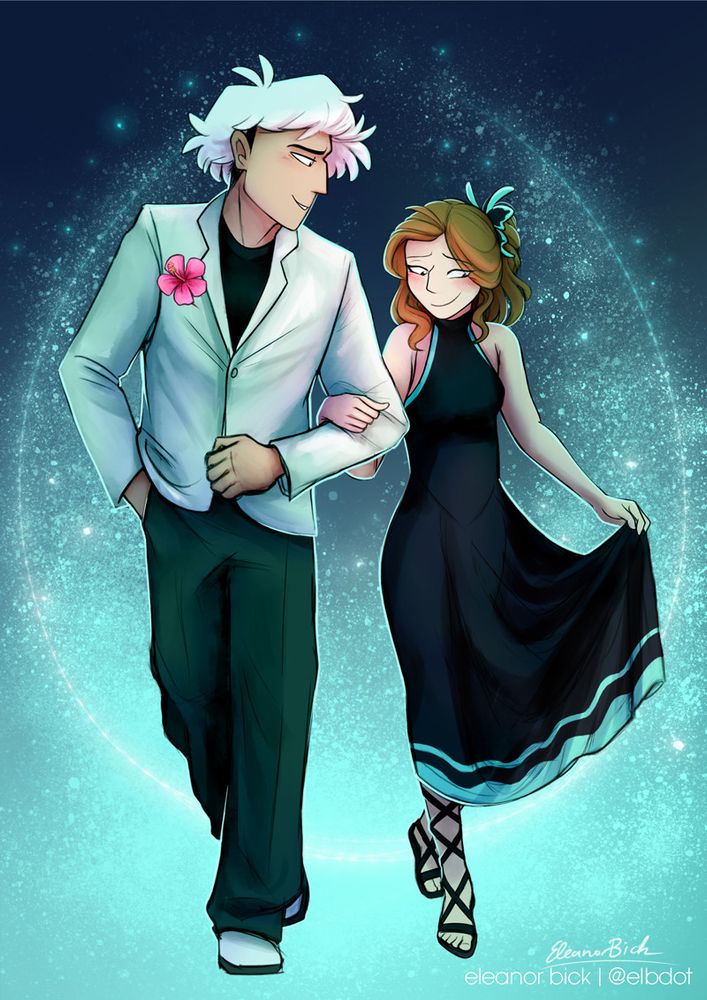 My final late piece to this year's comic Anniversary of "El's Alolan Adventures". It's been 8 years. EIGHT FREAKING YEARS CAN YOU BELIEVE IT??? Can you believe I haven't drawn El and Guzma in fancy attire ONCE in those 8 years? For my community this was probably LONG overdue and I'm very happy I finally got to design new outfits for them, that was fun ;w; El in a new dress based on Lumineon and Guzma in a suit that's vaguely based on Golisopod, mainly in terms of colours (although a purple touch is missing...there's actually a reason for that, go read my fanfic on Patreon HEHEHEHEHE)

After 8 years I feel like my webcomic should be longer but that's what you get when you work on 5 other projects at the same time. BUT HEY at least it's still going!! Hope I get to finish more comic updates qUICKER next year, we'll see about that...
Anyway, thank you for your support over the years and thanks for reading ;w; You guys are the best community I could ask for!