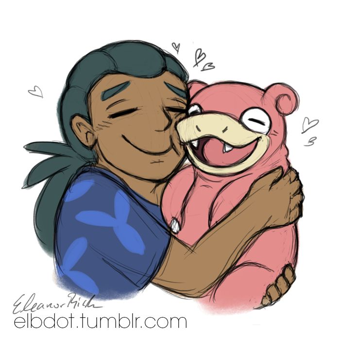 Hau's mom "Hele" with her beloved Slowpoke, a sketch of her holding it closely to her face, cuddling it. Hele's design is based on an NPC you can find in Hala's house in Pokemon Sun/Moon.