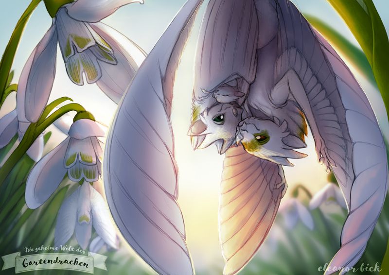 A field of Snowdrops from a bug's perspective. A family of Snowdrop dragons is hanging upside down from a plant stem, the male spreading its wings and tailfeather protectively around his mate and their baby, which camouflages them and makes the family appear to be a blooming snowdrop from afar.